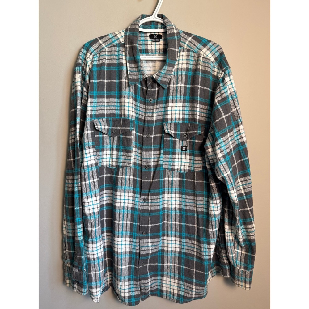DC Shoes Mens Long Sleeve Plaid Flannel Shirt XXL Teal Grey Skater Grunge Indie